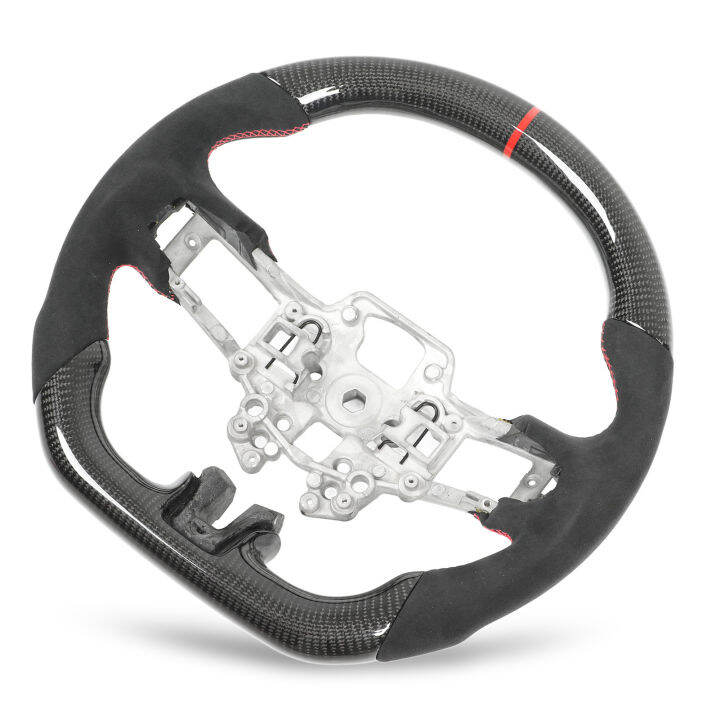 Carbon Fiber Steering Wheel, Red 12 O Clock Ring Finger Ridges Flat