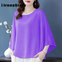 (S-5XL) ฤดูร้อนแขนสั้น Atasan Sifon ทรงหลวมแขนค้างคาวขนาดใหญ่คอกลมเสื้อเชิ้ตตัวเล็กคลุมหน้าท้อง