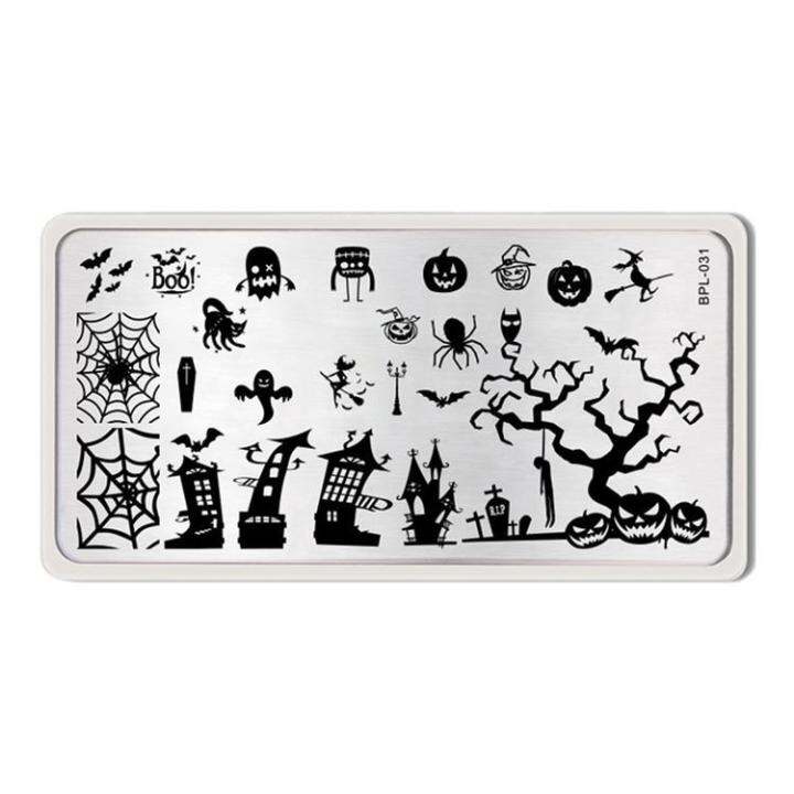 halloween-series-nail-art-templates-skull-bat-castle-wizard-doodle-style-printing-stencil-transfer-steel-plate-template-convenient