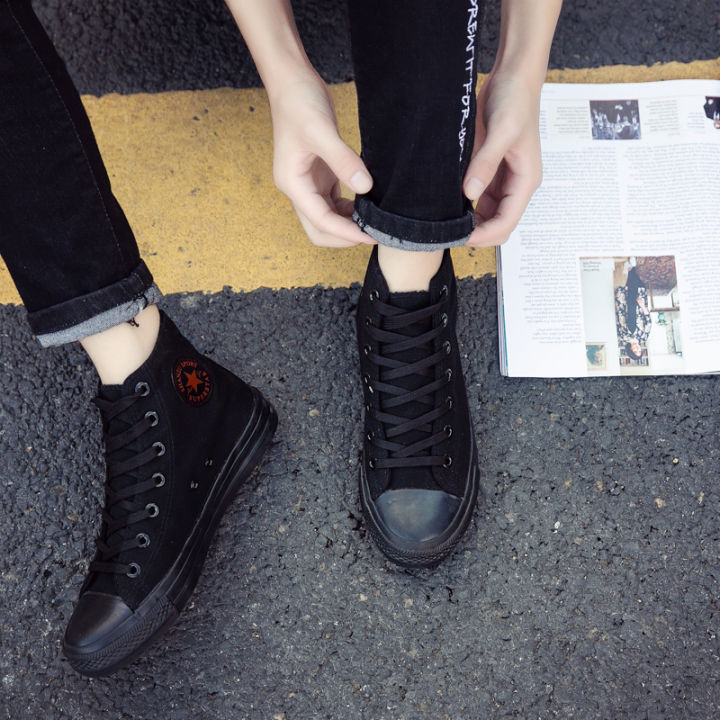 Street shooting little black shoes women's new all-black canvas shoes ...