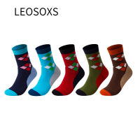5 Pairs Men Crew Socks Autumn New Style Business Grid Patchwork Combed Cotton Casual Absorb Sweat Breathable Mid Calf Man Sock