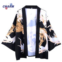 เสื้อเชิ้ตแขนสามส่วนลำลองทรงหลวมพิมพ์ลายมังกรเสื้อคาร์ดิแกน Kimono ญี่ปุ่นเสื้อลำลองฤดูร้อน