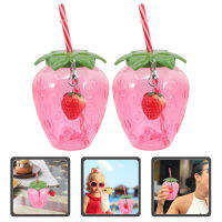 BESTOMZ 2pcs Clear Clear Cup Milk Tea Tea Cup Cartoon Strawberry Beverage Bottle พร้อมฟางและฝาปิด