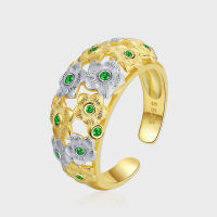 แหวนเซอร์โคเนียสีเงินสเตอร์ลิงสีทองและสีเงินแหวนคู่ผู้หญิงของดอกไม้มรกตหรูหรา S925