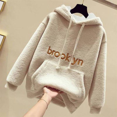 [Spot] Autumn and Winter new cashmere hoodie Korean style relaxed-fit hoodie top fleece lined padded warm keeping coat for women 2023