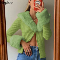 Neploe 2021 Cropped Cardigan Pull Femme Fashion Temperament Knitted Sweater for Women Big Fur Collar Korean Sueter Tops Mujer