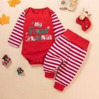 Two Piece Baby Clothes Christmas Outfit Letter Print Long Sleeve Romper and Stripe Long Pants Baby Girl Boy XMAS Set 0-24 Months  by Hs2023