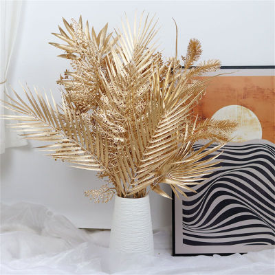 【cw】Artificial Fake Leaves Gold Silver Plastic Simulation Plants Foliage Leaf Flowers Christmas Party Wedding Garden Home Vase Decor ！