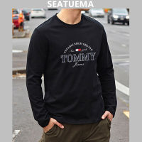 SEATUEMA ผู้ชายแขนยาวตัวอักษรลำลองพิมพ์บาง ๆ พิมพ์เสื้อด้านล่าง แมตช์ทั้งหมดพิมพ์สีทึบ แฟชั่นใหม่ผู้ชายแขนยาวเสื้อยืด