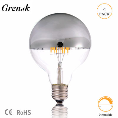 Grensk G95 Silver Bowl LED Filament Light Bulb 6W Crown Silver Mirror Globe Led Lamp Warm White 2700K E26 110V E27 220V Dimmable