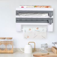 Wall-Mount Paper Towel Holder Sauce Bottle Rack 4 In 1 Cling Film Cutting Holder Mutifunction Kitchen Organizer