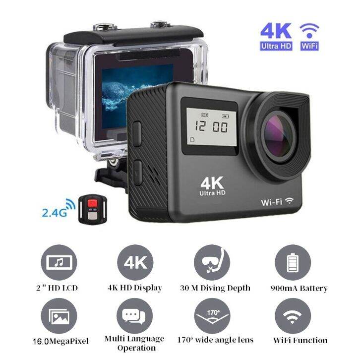 4K 60Fps Ultra HD Action Camera Dual Screen Wifi 16MP Go Underwater