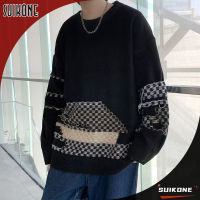 Suikone เสื้อสวมหัวผู้ชายเสื้อสเวตเตอร์สีดำคอกลมวินเทจแขนยาว