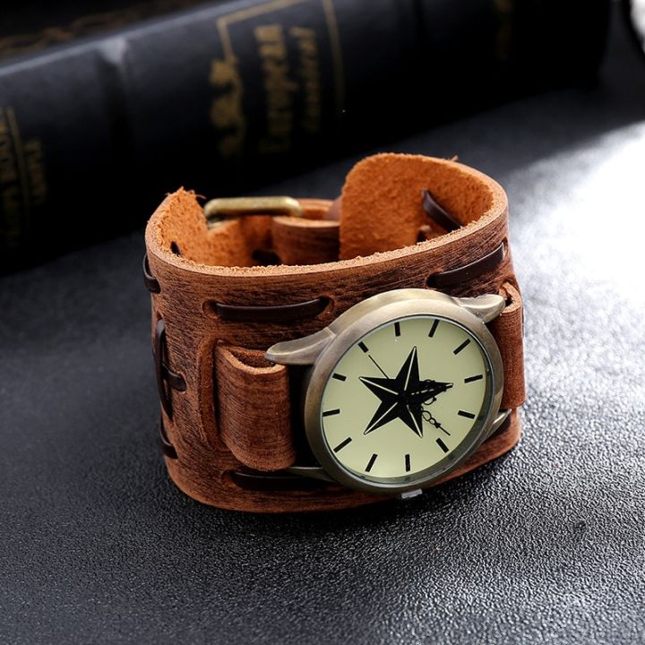 นาฬิกาสำหรับสุภาพบุรุษและสุภาพสตรีวินเทจสายรัดข้อมือหนังแท้พังค์แท้สายรัดข้อมือนาฬิกาข้อมือ-military-แนวสปอร์ต