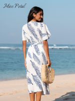 Belted Leaf พิมพ์ Midi ชุดผู้หญิงเซ็กซี่ V คอสั้นแขน Holiday Beach A-Line แยกชุด2023ฤดูร้อนหญิง Sundress