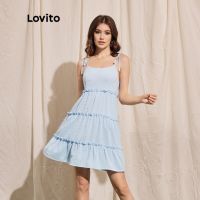 ▨☸☎ Lovito Romantic Plain Spaghetti Straps Layered Tiered Round Neck Sleeveless Women Dress L35LD069 (Blue)