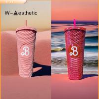 W-AESTHETIC พร้อมหลอดดูด ขวดน้ำหลอด Barbiee Studded Tumbler อุปกรณ์ปาร์ตี้ตุ๊กตาบาร์บี้ ถ้วยบาร์บิสีชมพู Bling Bling ภาพยนตร์บาร์บี้ ถ้วยเครื่องดื่มแก้ว ฟิตเนสท่องเที่ยว