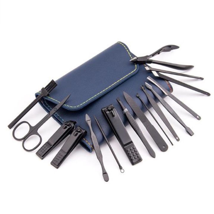 hot-sale-16pcsset-nail-clippers-set-stainless-steel-black-pedicure-tweezer-manicure-set-kit-nail-art-tools