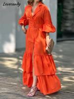 Solid Polo Flare Sleeve Long Womens Dresses Single Breasted A-Line Cake Dress 2023 Summer Fashion Elegant Street Vestidos