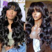 【YD】 Wavy Human Hair Wig With Bangs Machine Scalp Top Bang 200 Density Glueless LUFFY