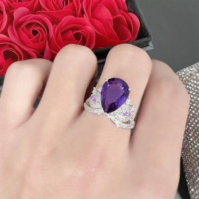 （HOT) แหวนสด TikTok แหวนมงกุฎเพชรสีม่วงอเมทิสต์เพื่อความรัก แหวนเพทายดวงตานางฟ้านวนิยาย