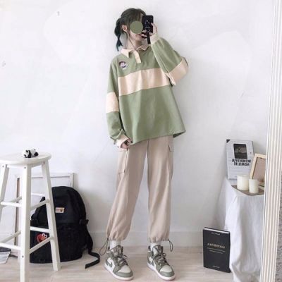 Womens Polo Sweater Cartoon PEKO Printed Shirt Colors-Blocking Pure Cotton Pullover Large Size