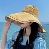 {You have a hat}หมวกชาวประมงแบบผูกเชือกสำหรับผู้หญิงสีทึบลายสก็อตหมวกการเดินป่าตกปลากลางแจ้งสองด้านหมวกบังแดด