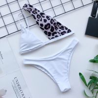 Irregular Cut One Shoulder Hit Color Leopard Print Patchwork Bikini Bathing Suit