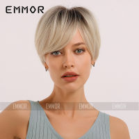 Emmor วิกผมผู้หญิงแบบยุโรปและอเมริกาวิกผมสีดำไล่ระดับสีผมบลอนด์ตรงผมสั้นเส้นใยเคมี