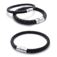 Stainless Steel Leather Bracelet, Braided Leather Bracelet, for Men Women, Black - Width 6mm - Length 19cm