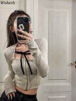 Woherb ใหม่ Y2k Retro Lace-up Top Square Collar Slim Long-sleeved T-shirt Women Casual All-match Knitted Zippers Tops Cardigan