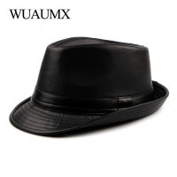 Wuaumx แบรนด์ที่เรียบง่ายแจ๊สหมวกผู้ชายหนัง PU Fedoras หมวกสำหรับชายฤดูใบไม้ร่วงฤดูหนาวย้อนยุคกะลาหมวกวินเทจสีดำปานามาหมวก