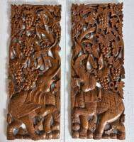 (1คู่) ไม้สักทอง แผ่นไม้สักแกะสลัก ติดผนัง ลาย ช้างกับองุ่น สีโอ็ค (carved teak plaque for decoration) กว้าง35xหนา3xสูง90 Cm ใช้ไม้สักแก่คุณภาพดี