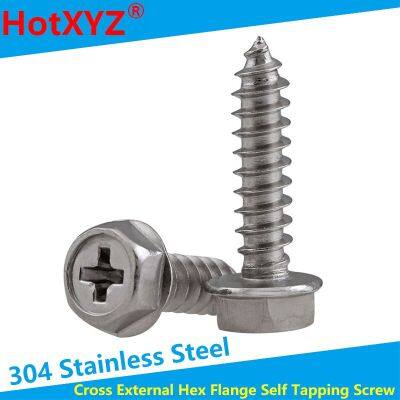 304 Stainless Steel Cross External Hex Flange Self Tapping Screw with pad Hexagon Head with Collar Tapping Screws M3-M6 10pcs Nails Screws Fasteners