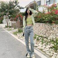 [COD]2Toyoung Hot Girl Spring Bi With Design Sense Exposed Waist Straight Jeans Women Small Slit เล็กน้อย Flared Pants Ready Stock