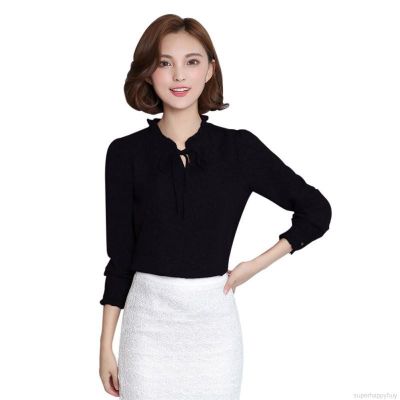 Office Lady Stand Collar Elegant Chiffon Bow Blouses Tops