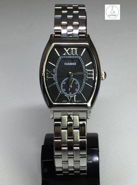 นาฬิกาข้อมือผู้หญิง Casio รุ่น LTP--E114D-1ADF สายแสตนเลสสตีล หน้าปัทม์สีดำ ตัวเรือนสีเหลี่ยม ทรงถังเบียร์ ของแท้ 100% CafeNalika