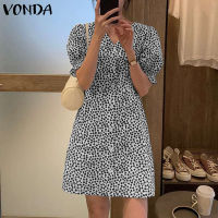 VONDA ชุดเดรสแขนสั้นพิมพ์ลายดอกไม้สำหรับผู้หญิง,ชุดเดรสลำลองแขนสั้นมีฟองสำหรับวันหยุด (ลายดอกไม้เกาหลี)