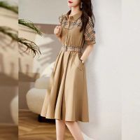 Burberry Dress Fashion Temperament Tooling Plaid Stitching Dress Female 2023 Early Autumn New POLO Collar Waist Slim Long Skirt.