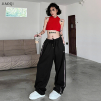 JIAOQI กางเกงวอร์มผู้หญิงวินเทจสีน้ำเงินลายทางสีดำแนวฮาราจูกุของ Y2K กางเกงวอร์มทรงโอเวอร์ไซส์กว้าง