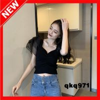 qkq971 2022 New Square Neck Puff Sleeve Knitted Short-Sleeved WomenS Chic Summer T-Shirt Short Navel French Top High Waist