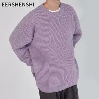 EERSHENSHI คอกลมผู้ชายสีทึบแขนยาวเสื้อกันหนาวทรงหลวมๆหนาฤดูใบไม้ร่วงและฤดูหนาวขี้เกียจสไตล์เสื้อเรโทร