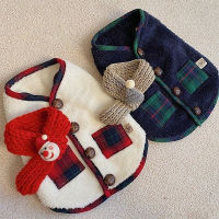 DY Loving Ins Dog Christmas Jacket Dog ขนแกะเกาหลี Xmas Puppy Lattice Vest With Woolen Scarf Retro Button