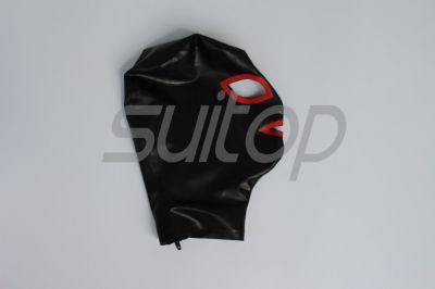 Suitop Free Shipping latex fetish Hoods black color with red trim masks