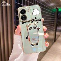 เคสโทรศัพท์กล้องมีรูที่แม่นยำ เคสสำหรับ โทรเข้า Vivo Y02S Y16 Y35 Y77 Y77E (t1) Y78+ Y35+ IQOO Z7 Z7X Y27 2023 4G สุดหรูชุบโลหะด้วยไฟฟ้าพร้อมตัวยึดหมีแพนด้า Bing