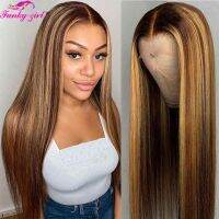 【jw】✥❆ Wig Straight Human Hair Wigs 4/27 Ombre Honey Blonde Colored T Part 180 Density