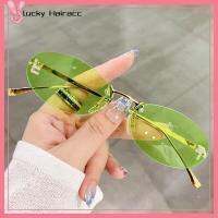 LUCKY HAIRACC ที่ไร้ขอบ แว่นตากันแดดผู้หญิงทรงรี ตกแต่งตัวอักษร การป้องกัน UV400 แว่นตากันแดดสำหรับผู้หญิง หรูหราคุณภาพ แว่นตาทรงตาแมว สำหรับผู้หญิงและผู้ชาย