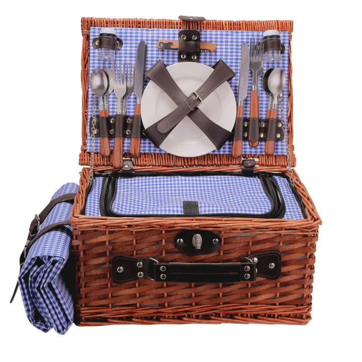 【High Quality+In Stock】Handmade Wicker Picnic Basket Set For 4 Person