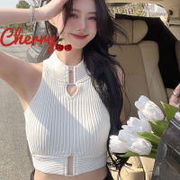 Cherry  1886 เสื้อครอปไหมพรมแขนสั้น สีพื้น เสื้อปาดไหล่ เสื้อถักแขนกุด ผอมเพรียว เก๋ไก๋และเซ็กซี่