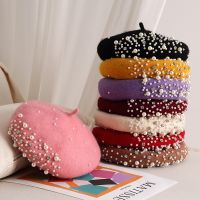 2022 New Autumn Winter Pearl Rhinestone Wool Beret Cap Female British Retro Korean Version Children Japanese Painter Hat Mujer